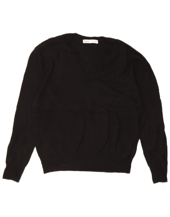 Zara Dame Oversized V-hals sweater UK 10 Small Black Wool