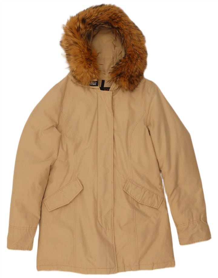 Woolrich Dame Hætte Polstret Frakke UK 14 Medium Beige Bomuld