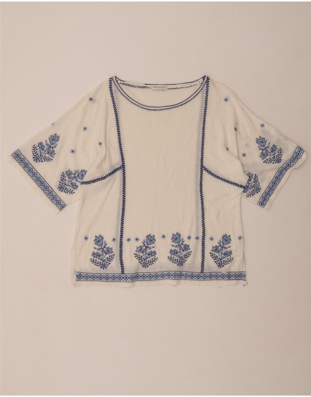 MONSOON Damebluse Top UK 16 Large Off White Floral Linen