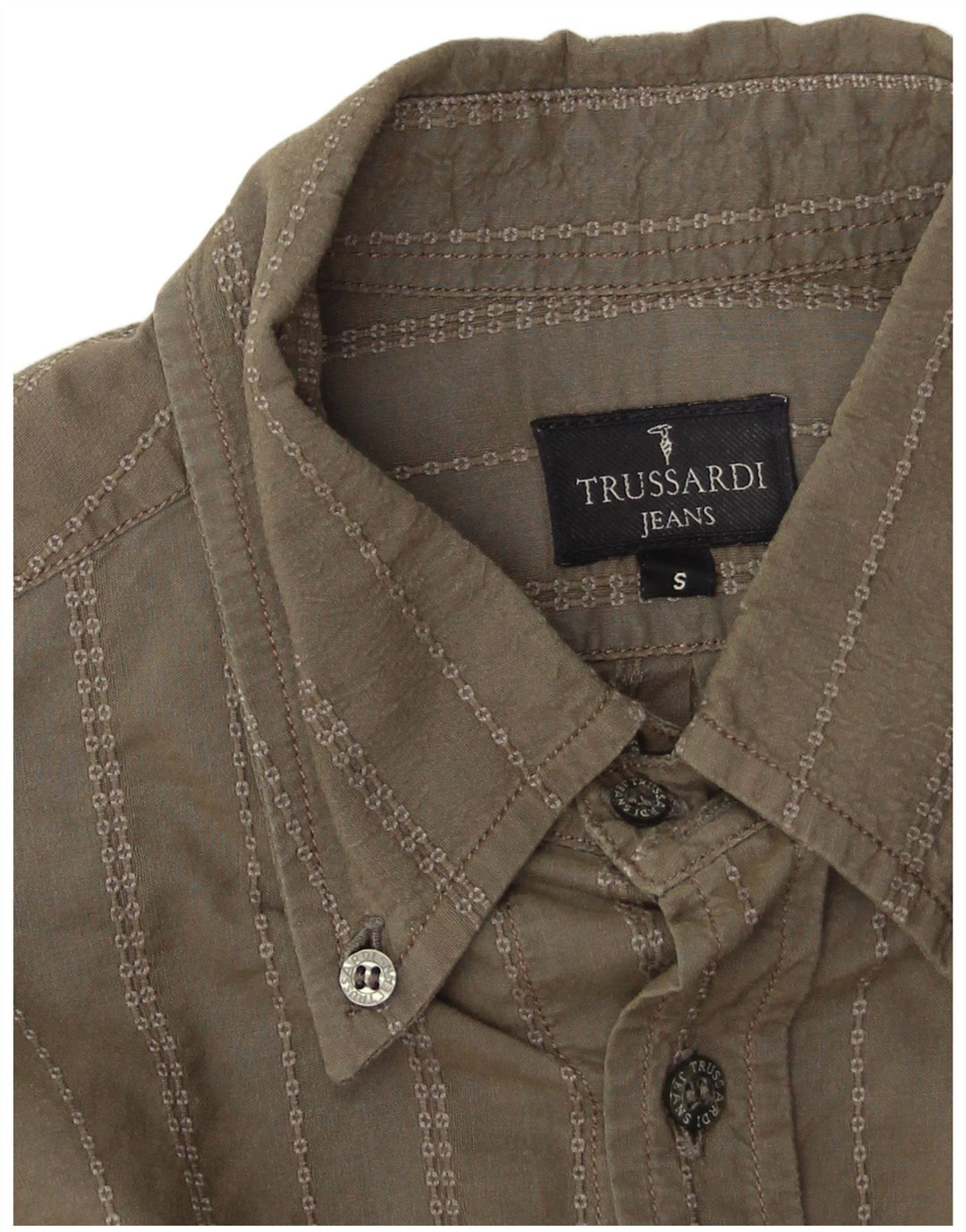 Trussardi Jeans Mens Shirt Small Khaki Striped Cotton