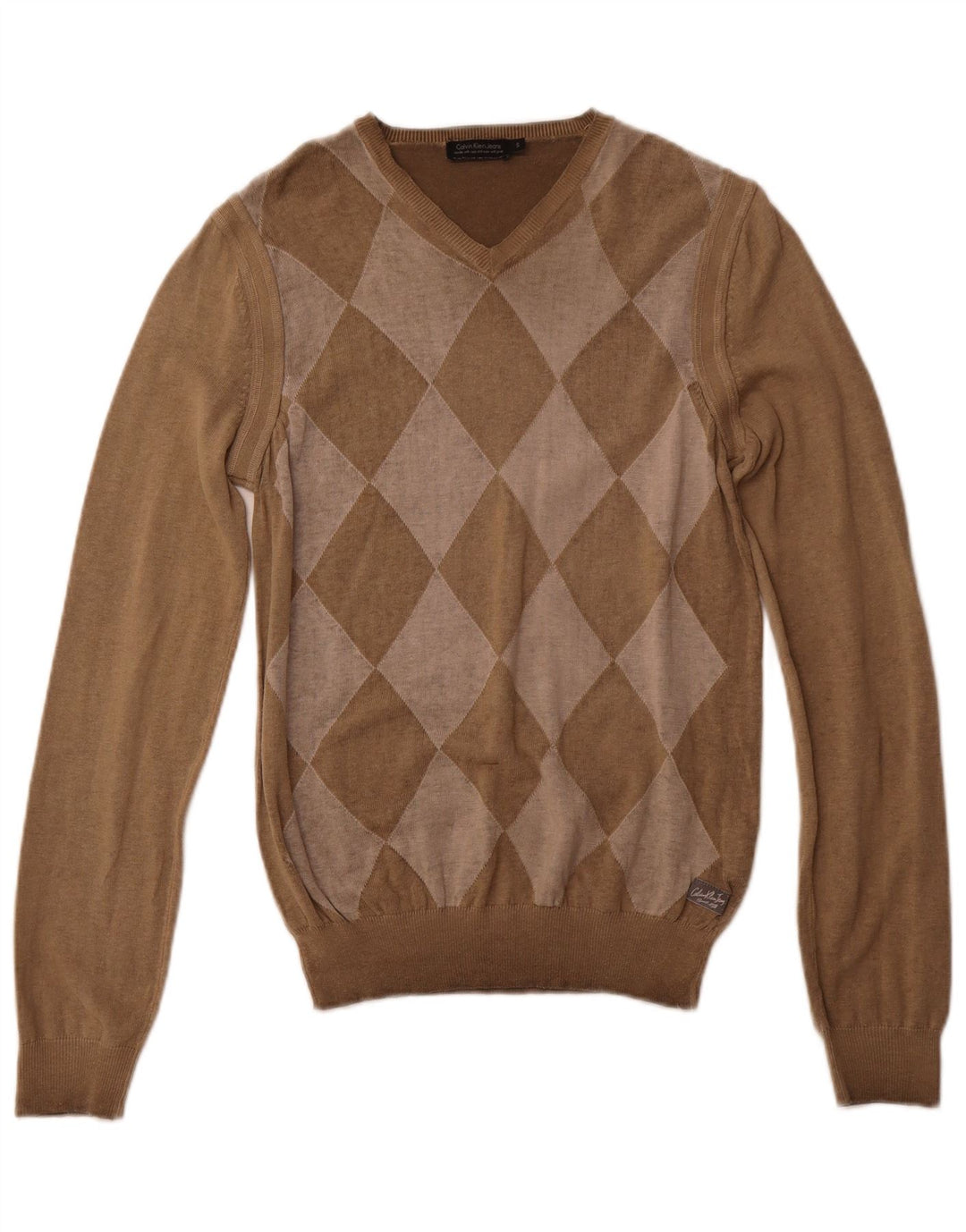 CALVIN KLEIN JEANS Herre V-hals sweater Small Brown Argyle/Diamond