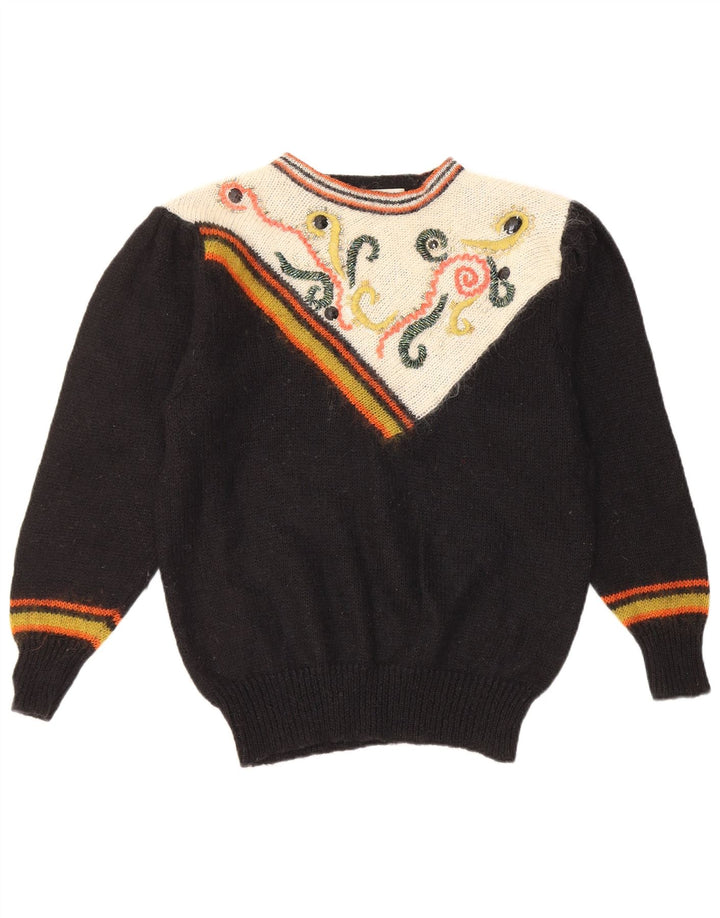 Vintage Dame Crew Neck Jumper Sweater UK 14 Medium Sort Geometrisk