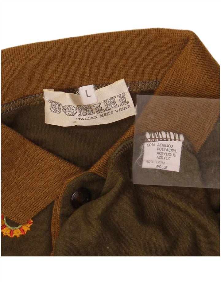 VINTAGE Herre Polo Neck Jumper Sweater Stor Khaki Akryl