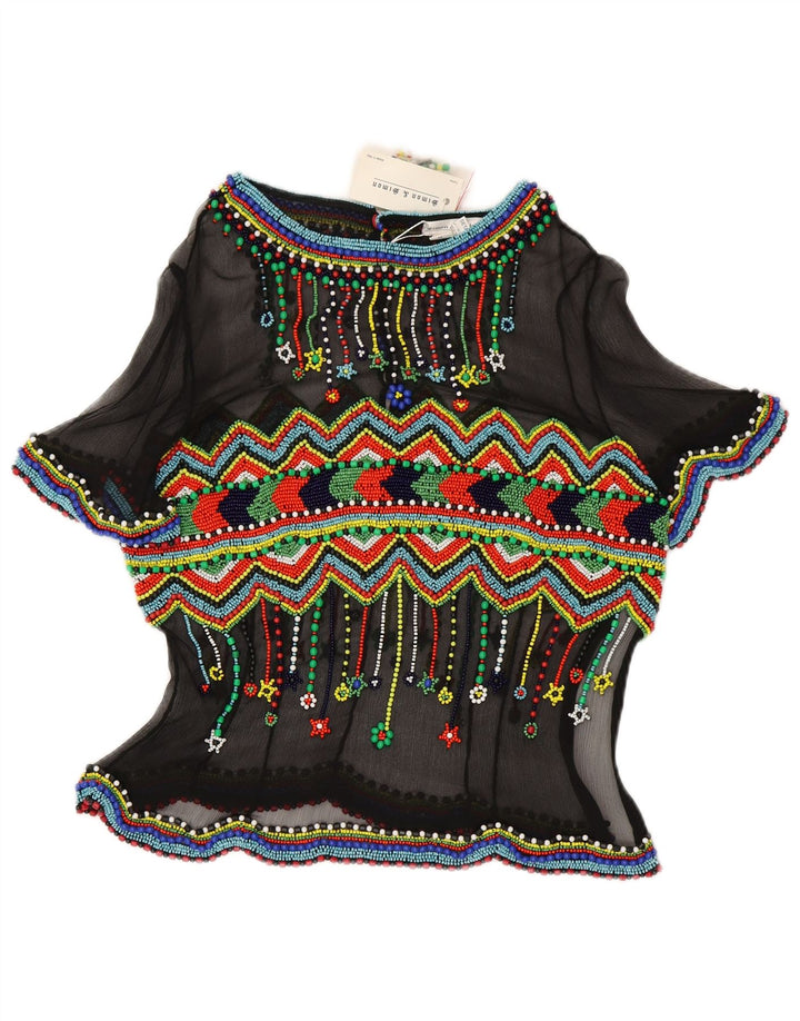 Vintage dame bluse top IT 48 XL sort geometrisk silke