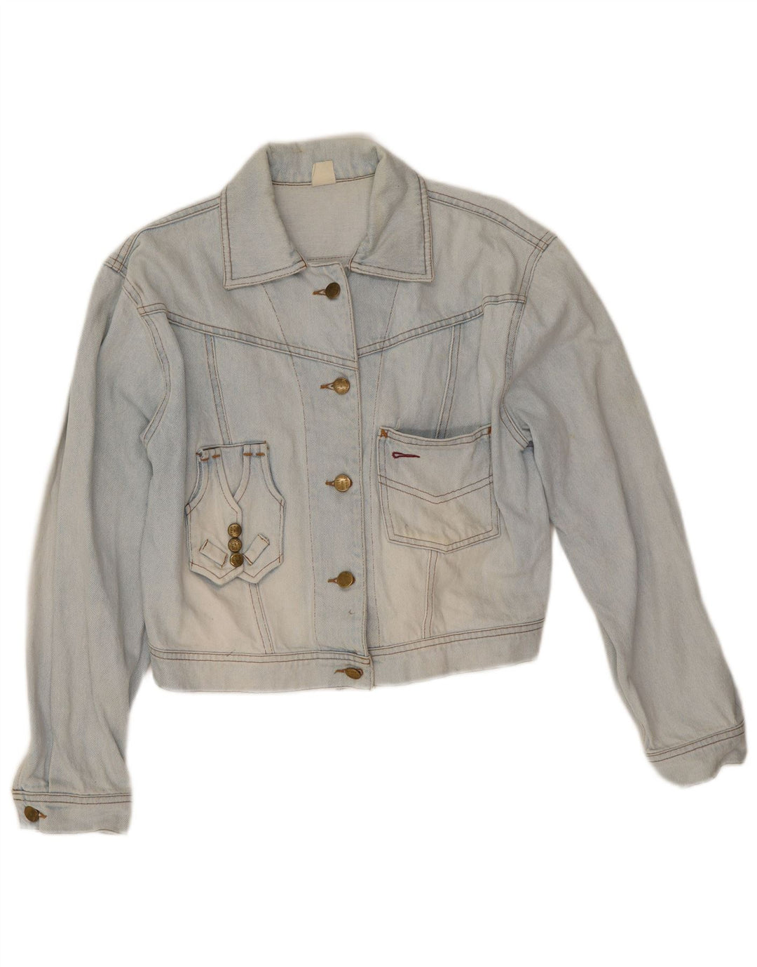 Vintage Dame Crop Graphic Denim Jacket UK 10 Small Blue Cotton