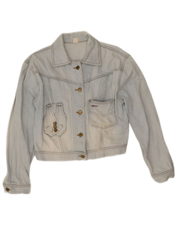 Vintage Dame Crop Graphic Denim Jacket UK 10 Small Blue Cotton