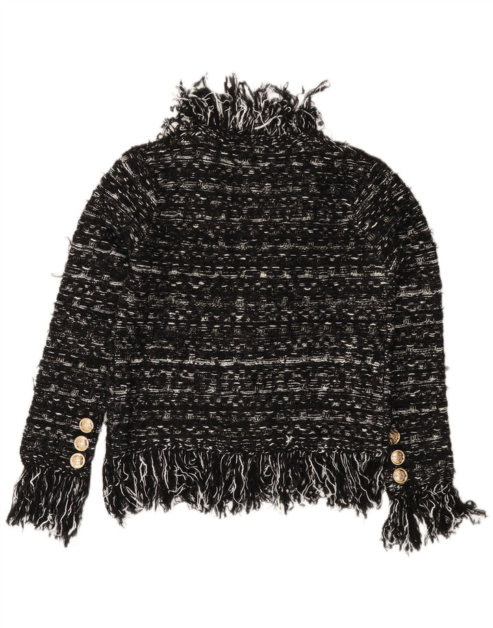 VINTAGE Dame Cardigan Sweater UK 10 Lille sort stribet akryl