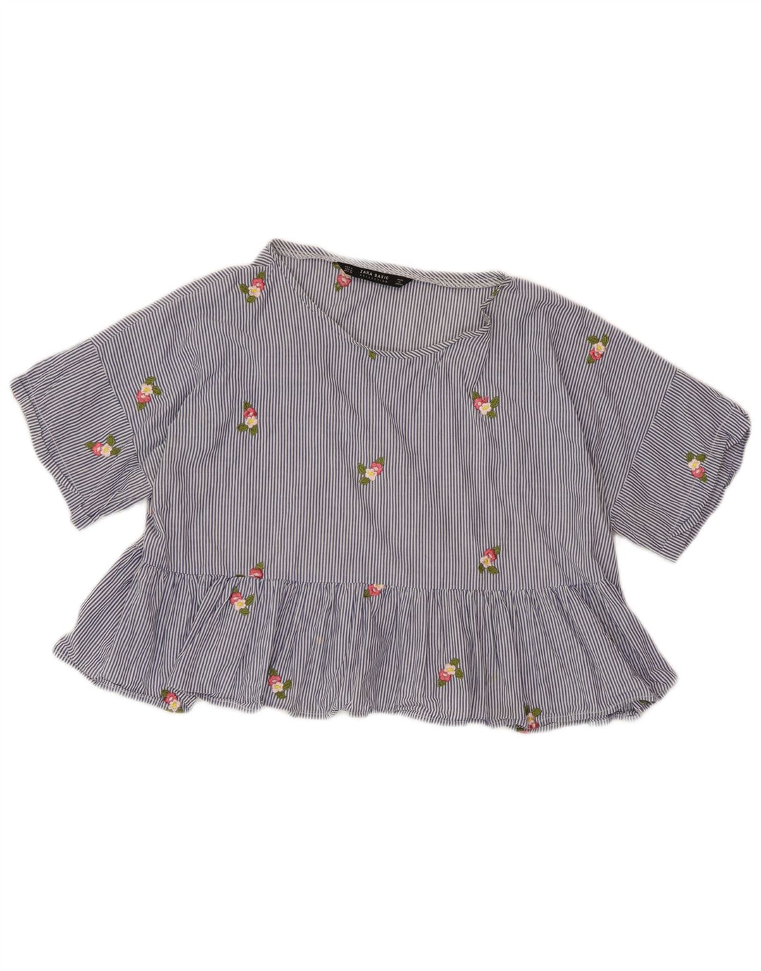 ZARA Womens Crop Bluse Top UK 14 Medium Blue Pinstripe