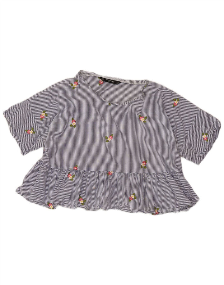 ZARA Womens Crop Bluse Top UK 14 Medium Blue Pinstripe