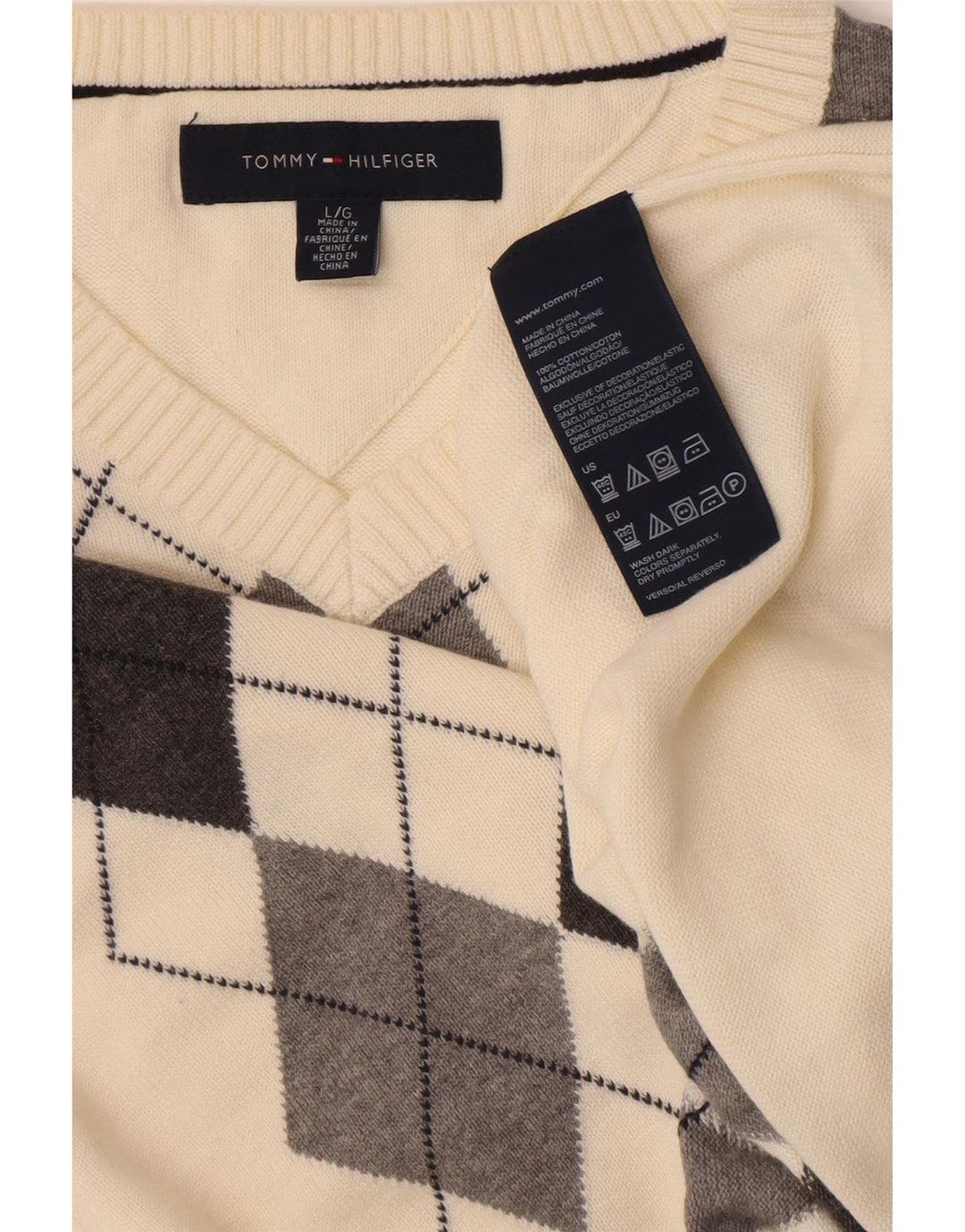 Tommy Hilfiger Herre V-hals trøje Sweater Large Off White Argyle/Diamond