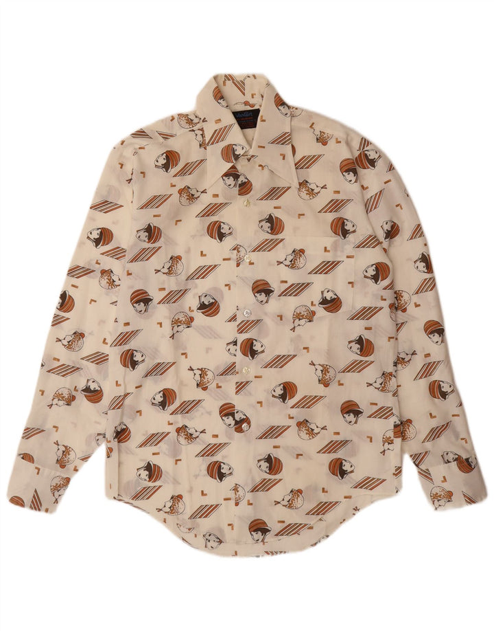 VINTAGE skjorte med abstrakt mønster til mænd Størrelse 14 14 1/2 Lille Off White