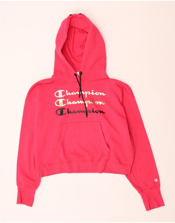 Champion Womens Oversized Crop Graphic Hoodie Jumper UK 18 XL Pink Bomuld