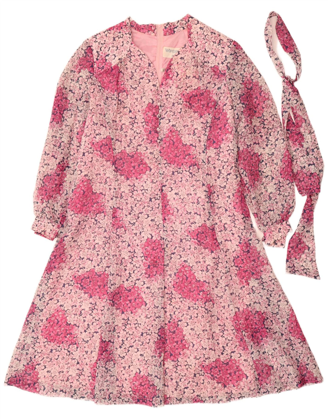 VINTAGE Langærmet A-line kjole til kvinder EU 44 XL Pink Floral Polyester