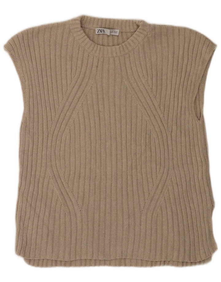 Zara Dame Vest Tank Top UK 16 Stor Beige Polyester