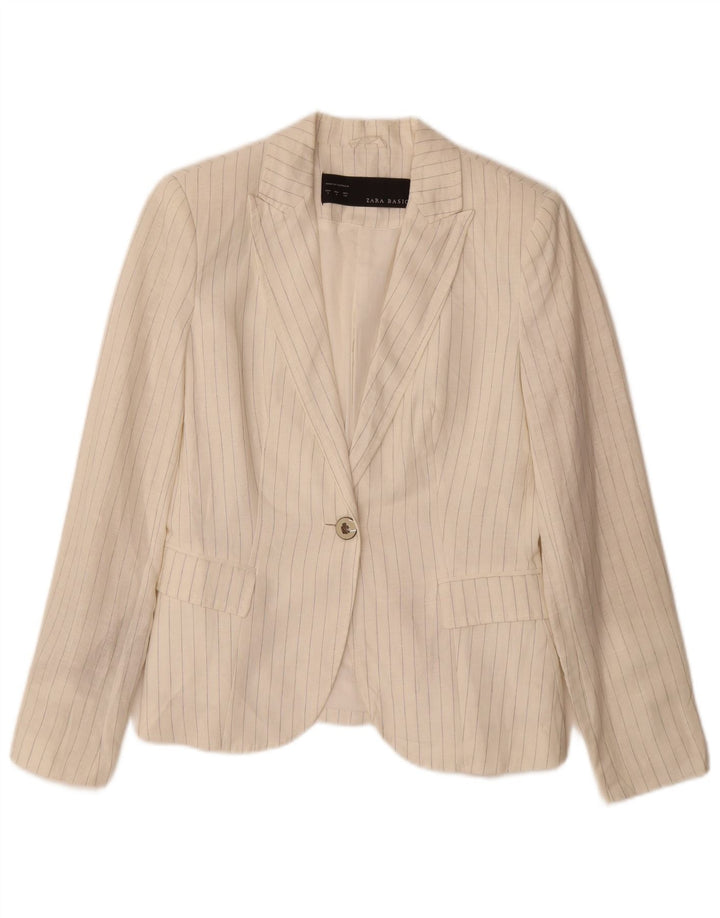 ZARA Dame 1-knap blazerjakke UK 10 Small Off White Stribet hør