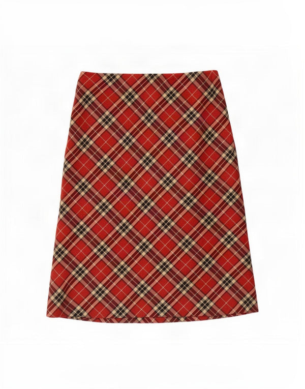 Vintage Dame Midi Nederdel IT 46 Large W32 Rød Plaid Virgin Wool