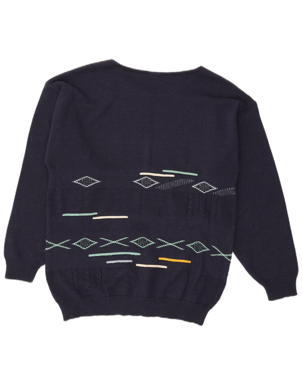 Vintage Herre Boat Neck Jumper Sweater Medium Marineblå Geometrisk Bomuld