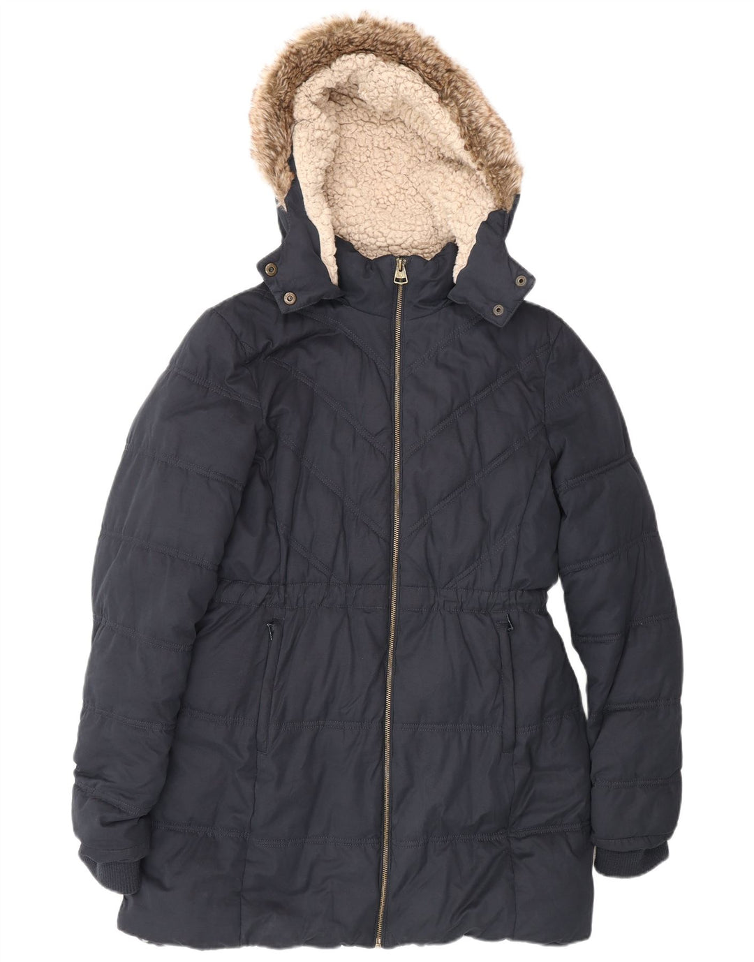 Fat Face Dame Hætte Sherpa Polstret Frakke UK 12 Medium Navy Blue Polyester