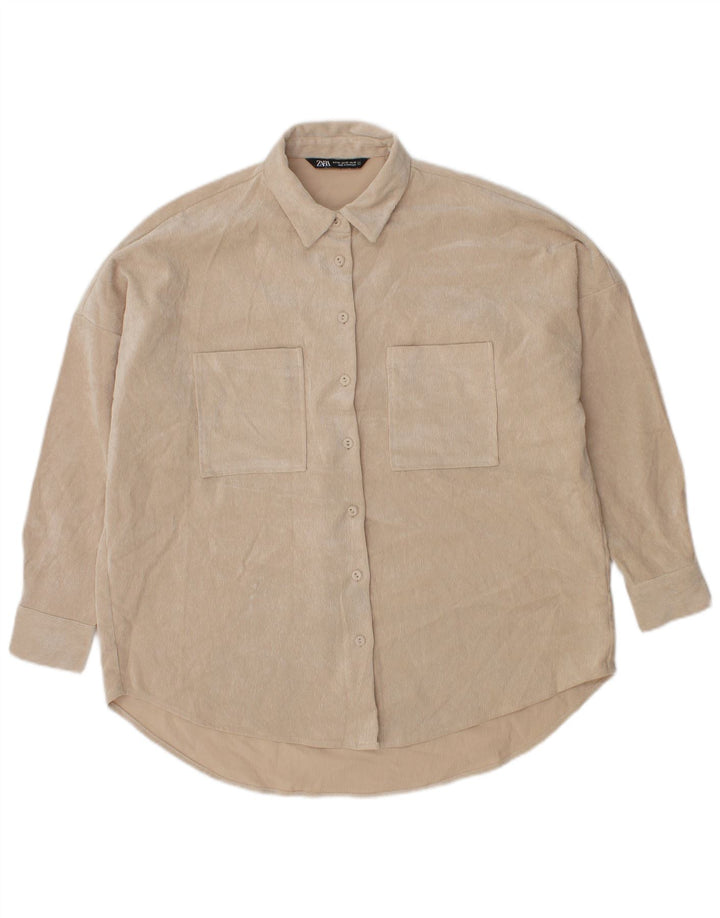 Zara Dame Oversized Velour Skjorte UK 6 XS Beige Polyester
