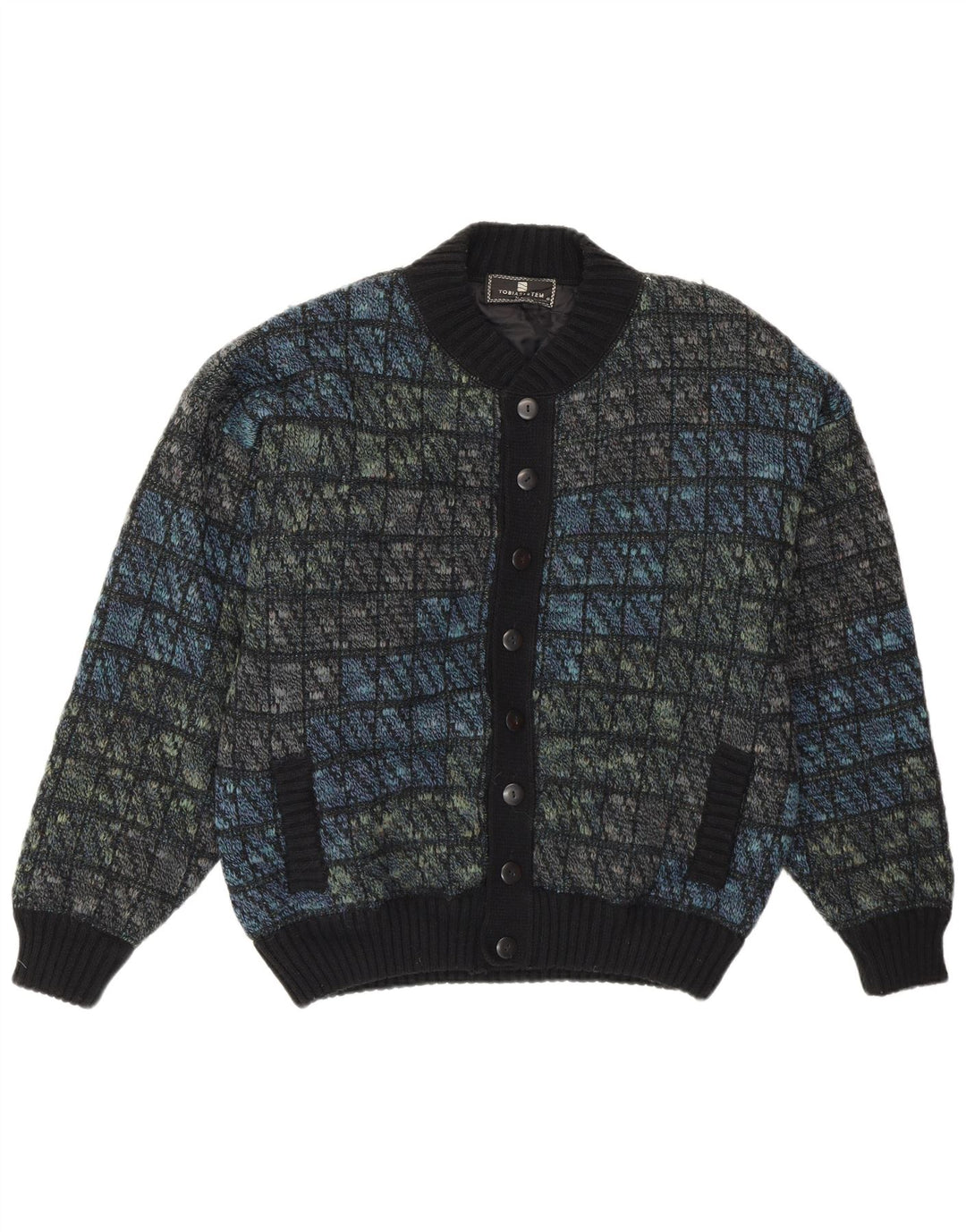 Tobia System Herre Strik Bomber Jacket EU 46 Small Navy Blue Check Wool Retro