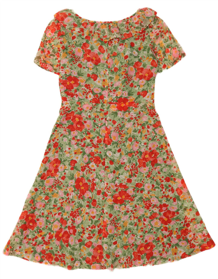 Vintage Dame A-Line Kjole UK 12 Medium Multicolored Floral Polyamid