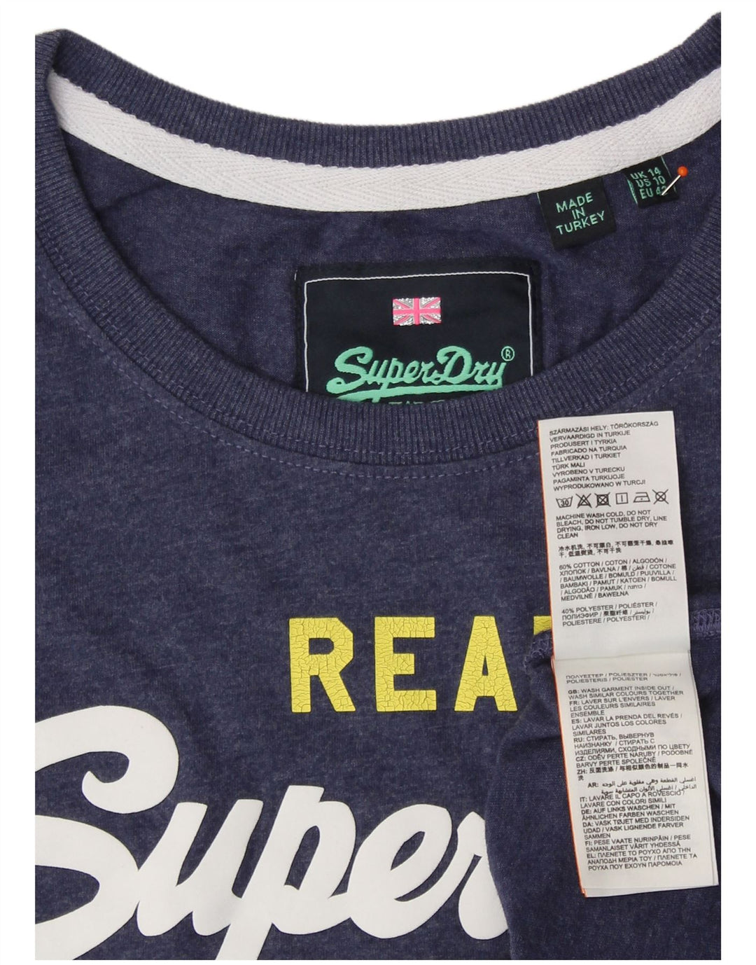 SUPERDRY Grafisk T-shirt top til kvinder UK 14 Stor marineblå bomuld