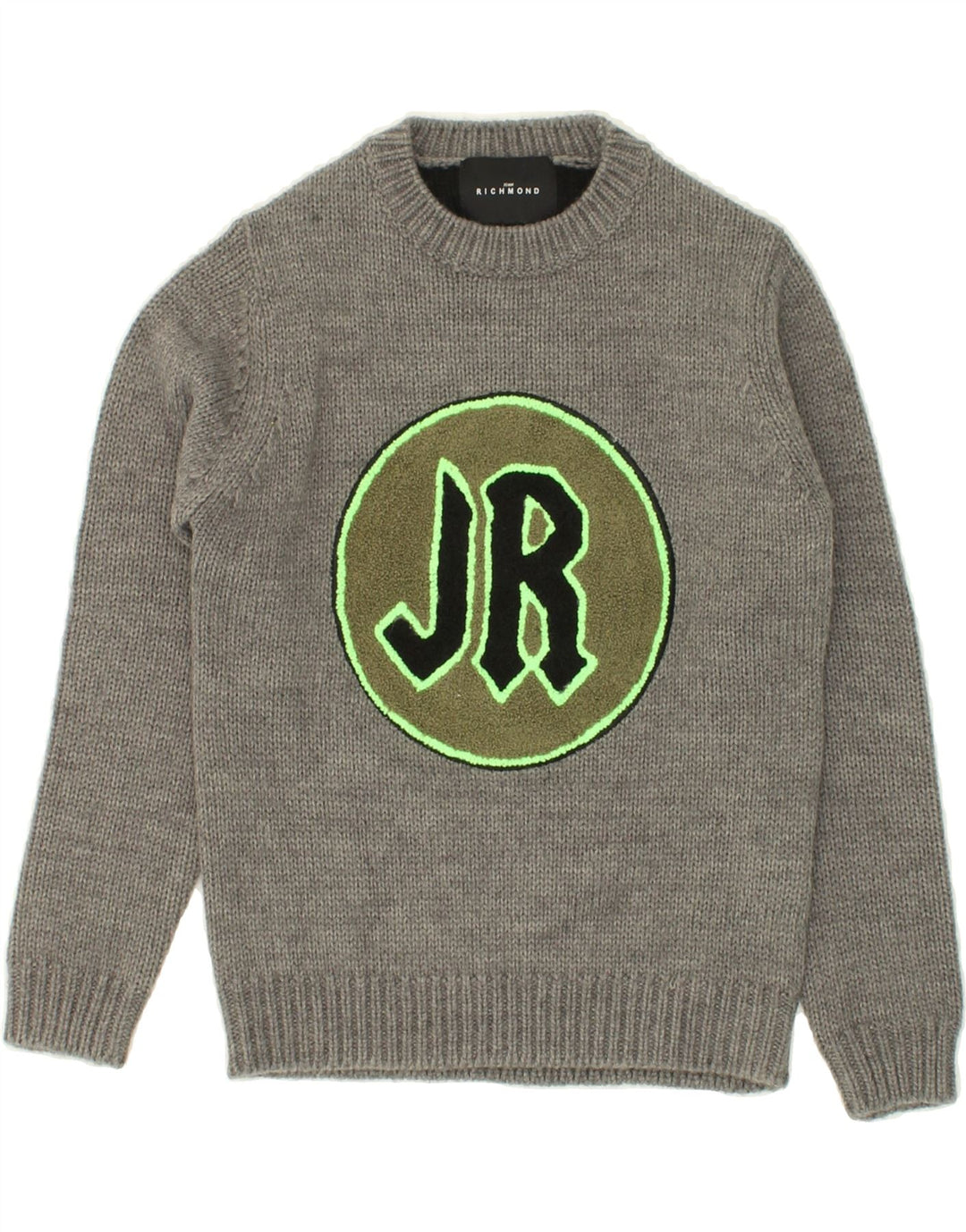 RICHMOND Boys Graphic Crew Neck Jumper Sweater 7-8 Years Grey Acrylic Vintage Richmond and Second-Hand Richmond from Messina Hembry 