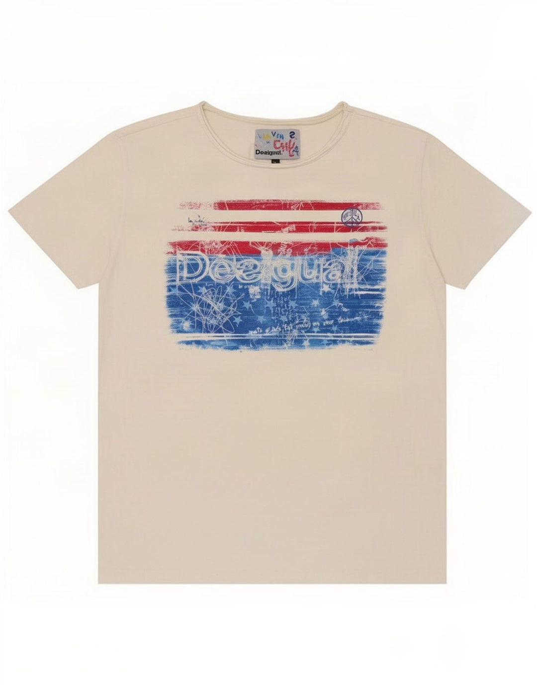 Desigual Herre Grafisk T-Shirt Top Medium Hvid Bomuld