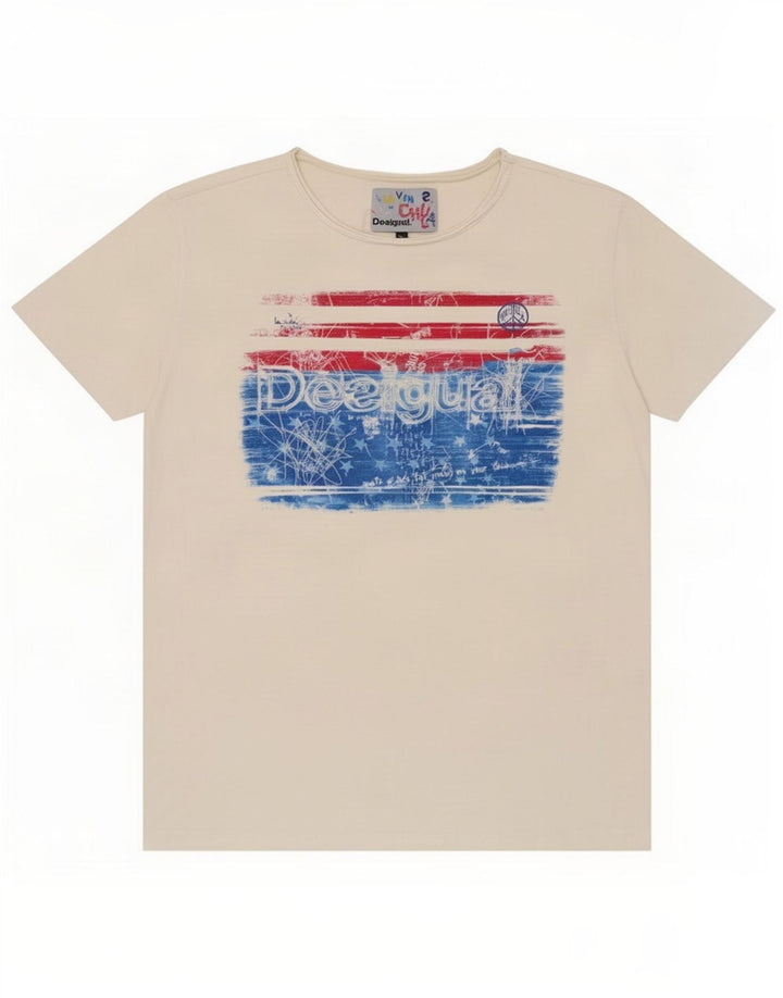 Desigual Herre Grafisk T-Shirt Top Medium Hvid Bomuld