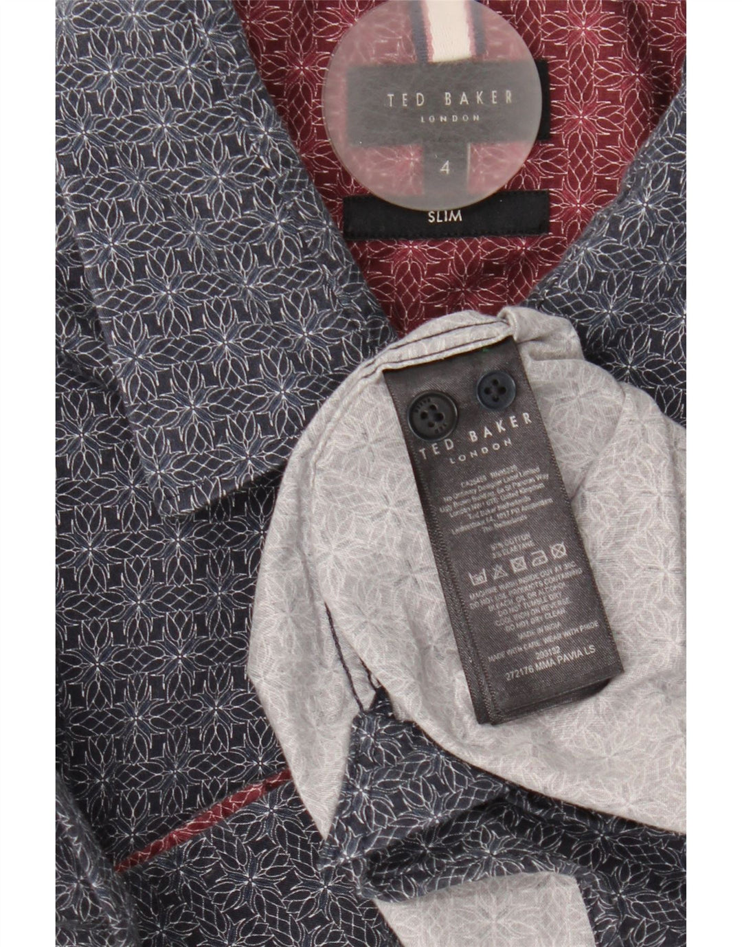 Ted Baker Herre Slim Fit Skjorte Størrelse 4 Large Marineblå Geometrisk Bomuld