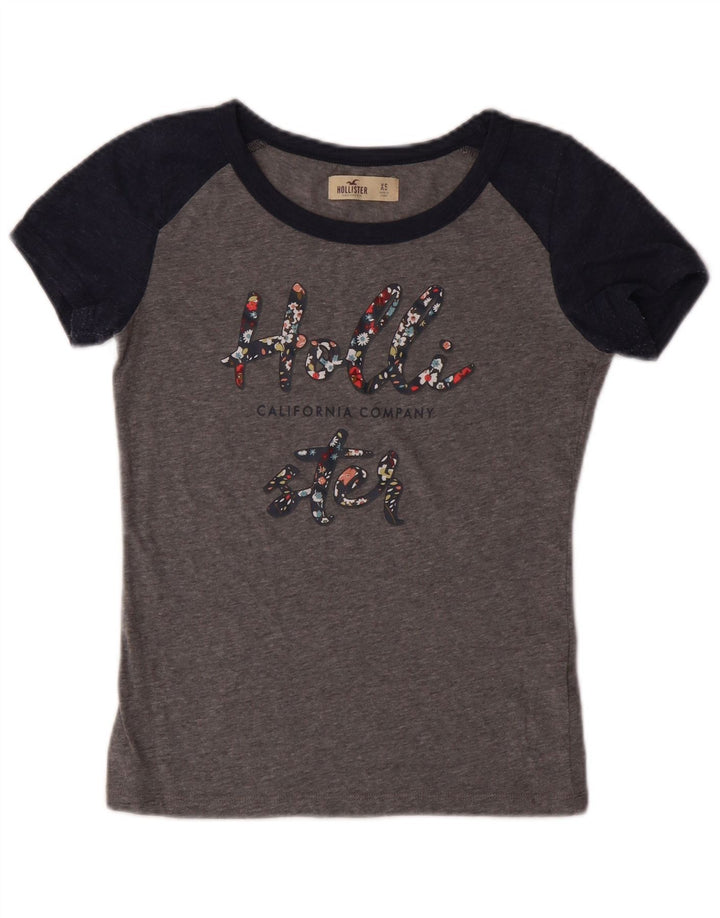 HOLLISTER Grafisk T-shirt top til kvinder UK 6 XS Grå Colourblock Bomuld