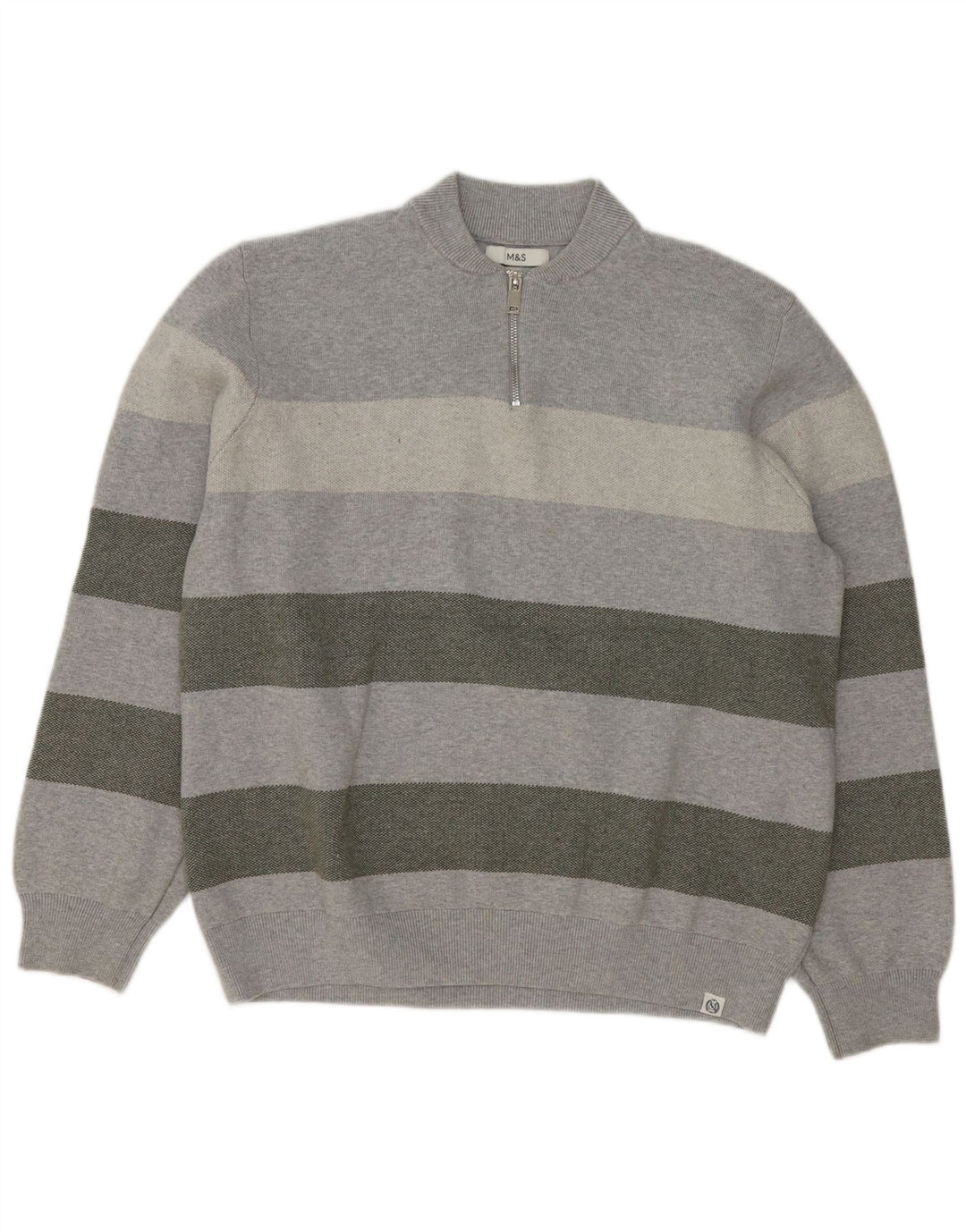 Marks & Spencer Herre Zip Neck Jumper Sweater 2XL Grå Stribet Bomuld