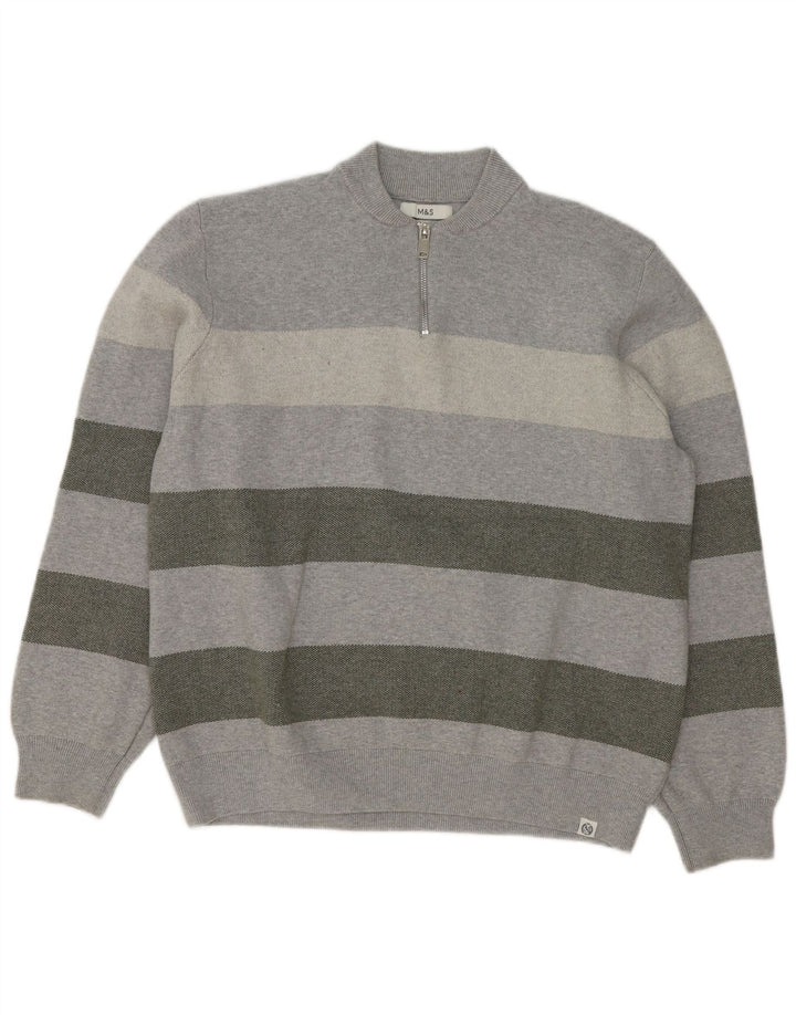Marks & Spencer Herre Zip Neck Jumper Sweater 2XL Grå Stribet Bomuld