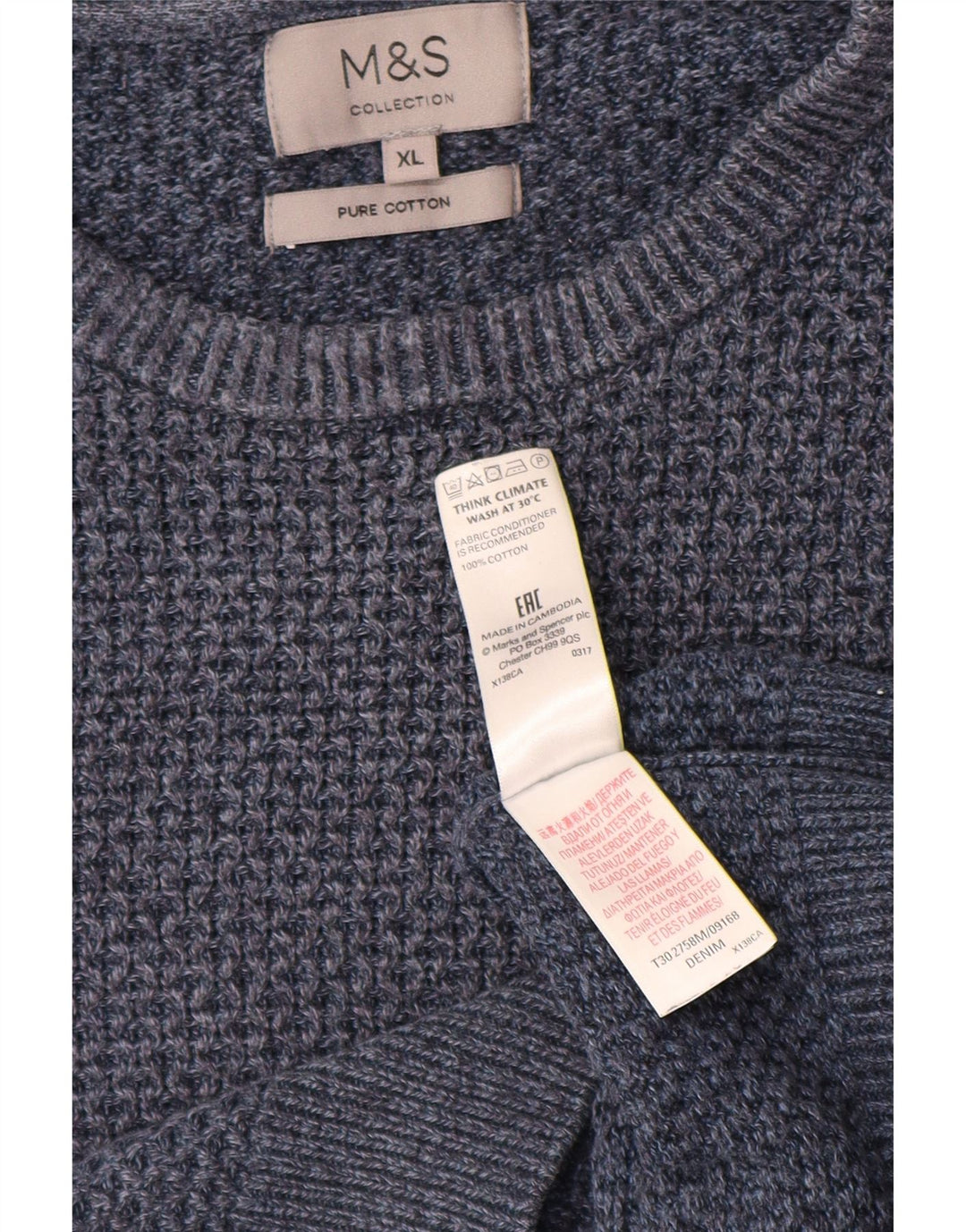 MARKS & SPENCER Herre sweater med rund hals XL marineblå bomuld