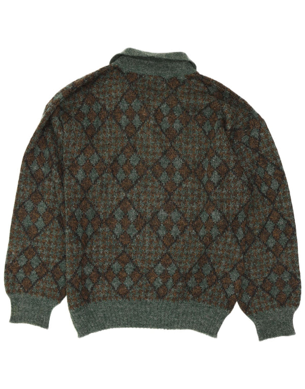 Suspense Mens Polo Neck Jumper Sweater IT 50 Medium Green Argyle/Diamond