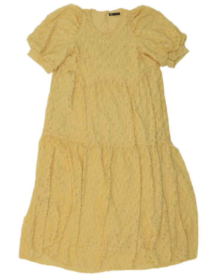 Zara Kvinders Abstrakt Mønster Tiered Dress UK 12 Medium Gul Polyester