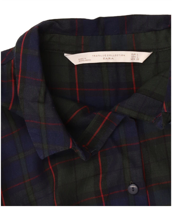 Zara Dame 3/4-ærmet Pullover Skjortekjole UK 16 Large Navy Blue Check