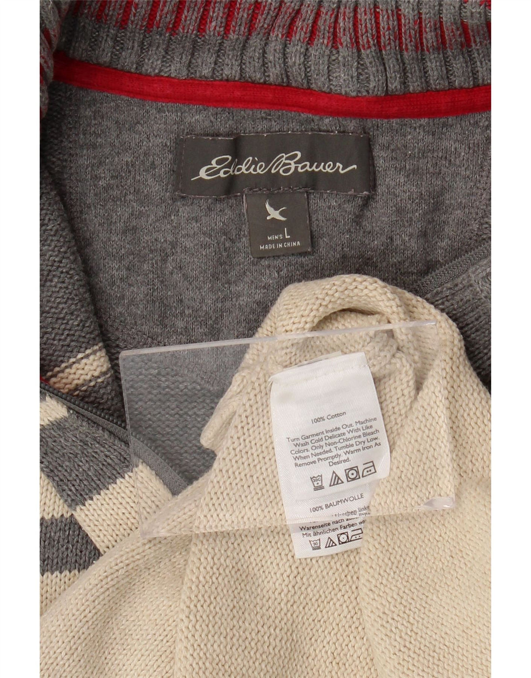 EDDIE BAUER Herre sweater med lynlåshals Stor off-hvid stribet bomuld
