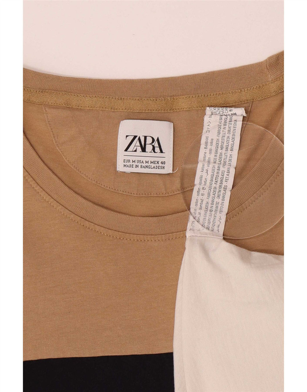 Zara Herre T-shirt Top Medium Beige Colourblock Bomuld
