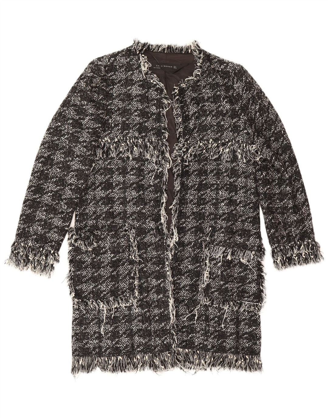 Zara Womens Open Overcoat UK 10 Small Black Houndstooth Bomuld