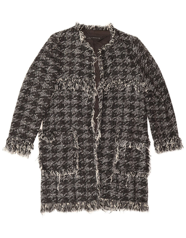 Zara Womens Open Overcoat UK 10 Small Black Houndstooth Bomuld