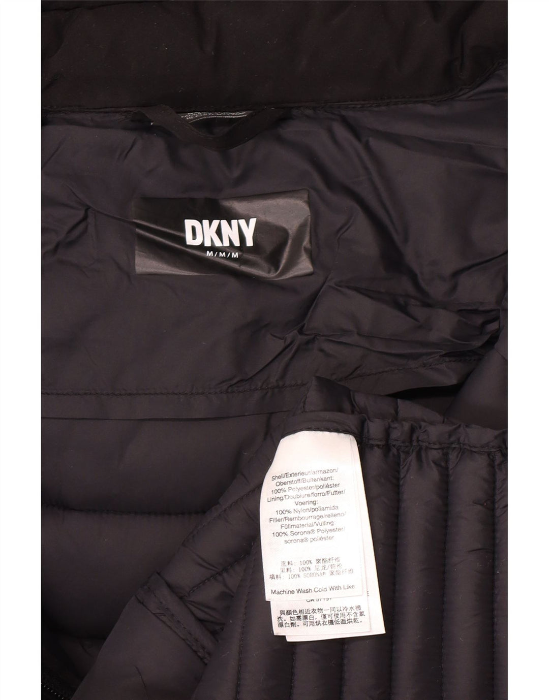 Dkny Dame Hætte Polstret Frakke UK 12 Medium Sort Polyester