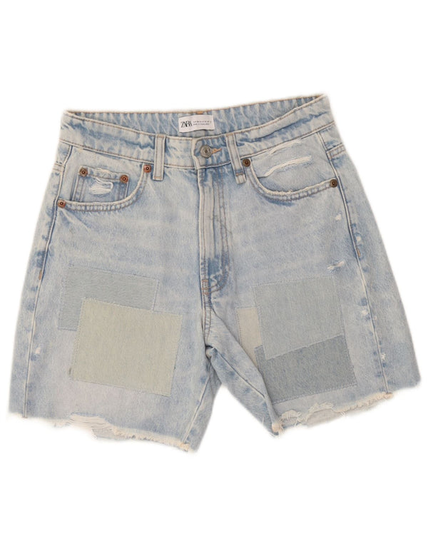 Zara Womens Distressed Denim Shorts EU 36 XS W26 Blå Patchwork Bomuld