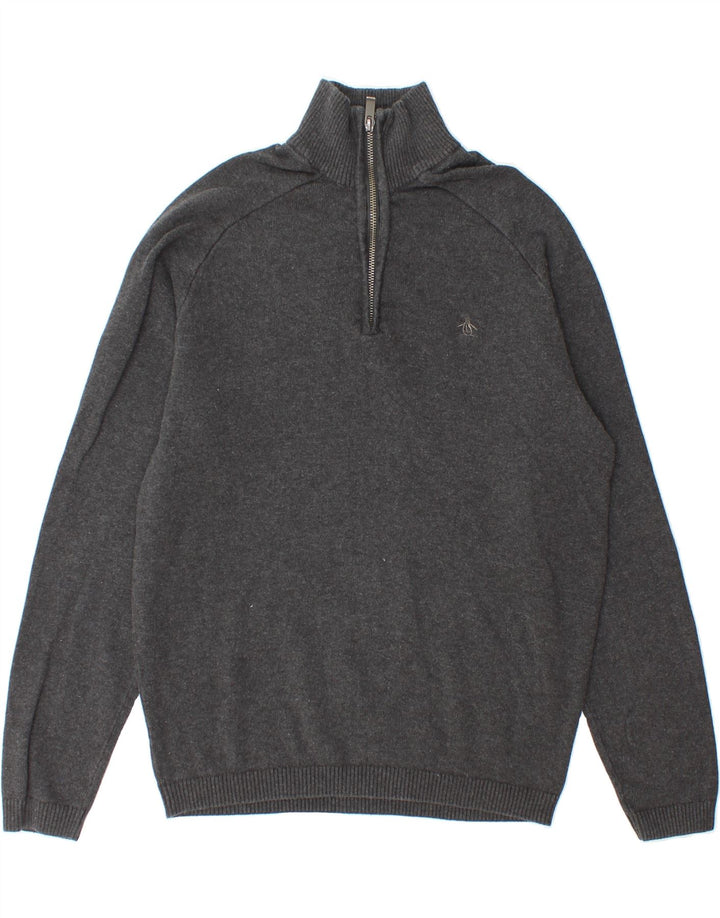 PENGUIN Mens Zip Neck Jumper Sweater Medium Grey Cotton Vintage Penguin and Second-Hand Penguin from Messina Hembry 