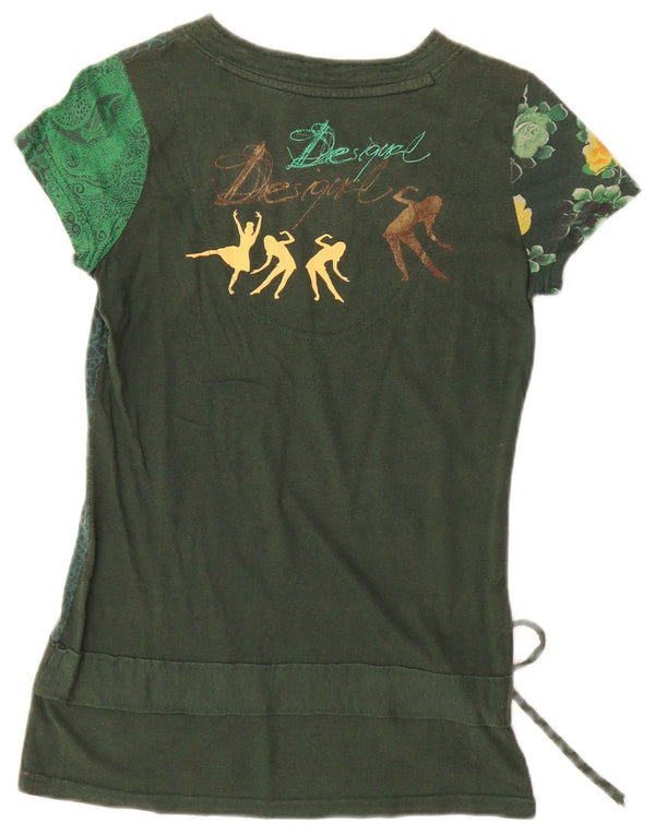 Desigual Dame Grafisk T-Shirt Top UK 12 Medium Grøn