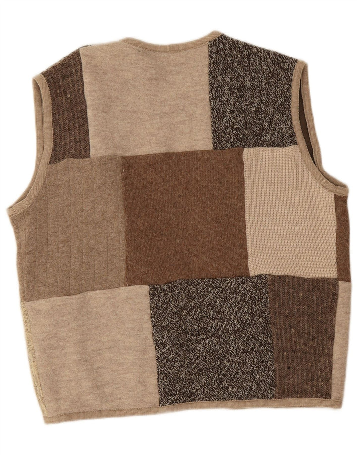 Vintage dame ærmeløs åben cardigan sweater UK 16 Large Beige Patchwork