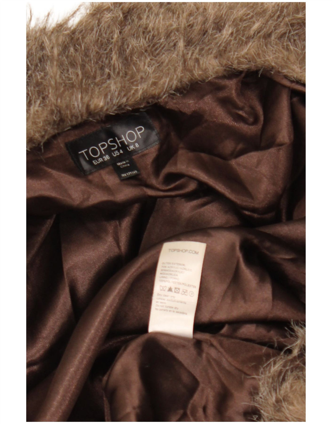 Topshop Dame imiteret Pelsjakke UK 8 Small Brown Modacryl