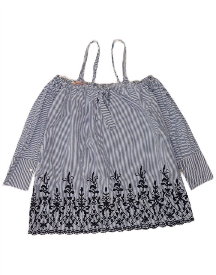 Zara Dame Oversized Off Shoulder Bluse Top UK 14 Mellem blå stribet