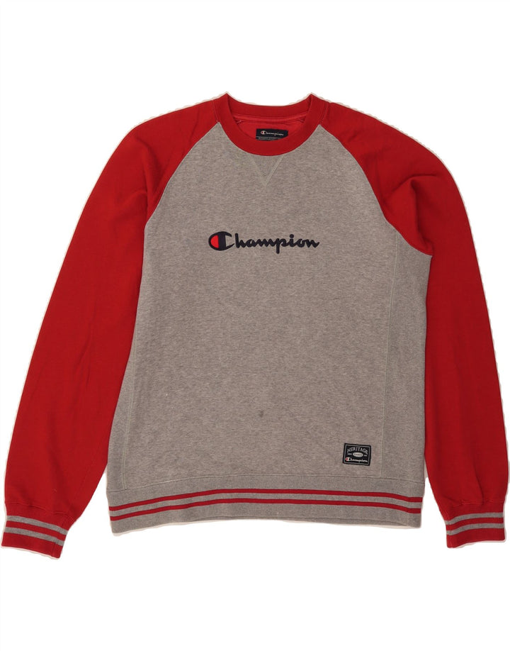 CHAMPION Mens Graphic Sweatshirt Jumper Large Grey Colourblock Cotton Vintage Champion and Second-Hand Champion from Messina Hembry 