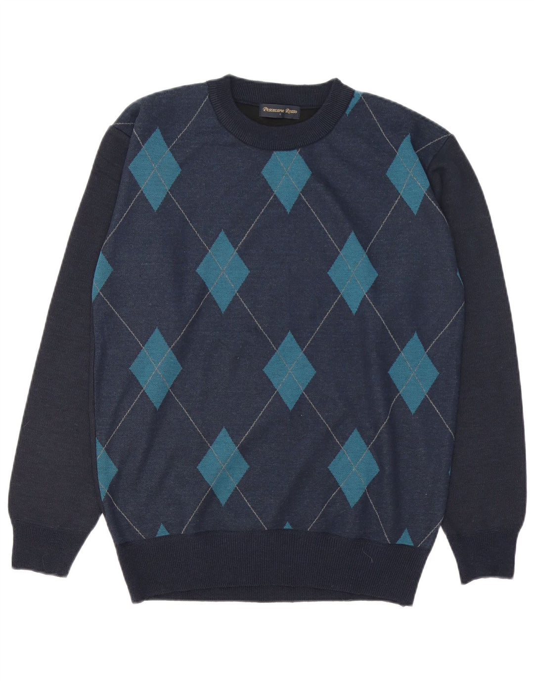 Vintage herre rund hals sweater stor marineblå Argyle/diamant uld
